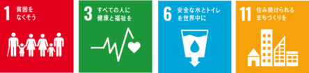SDGsのアイコン　1貧困をなくそう、3すべての人に健康と福祉を、6安全な水とトイレを世界中に、11住み続けられるまちづくりを
