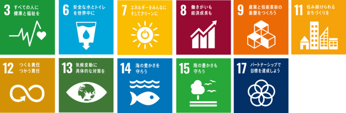 SDGsのアイコン　3すべての人に健康と福祉を、6安全な水とトイレを世界中に、7エネルギーをみんなに。そしてクリーンに、8働きがいも経済成長も、9産業と技術革新の基盤を作ろう、11住み続けられるまちづくりを、12つくる責任、つかう責任、13気候変動に具体的な対策を、14海の豊かさを守ろう、15陸の豊かさも守ろう、17パートナーシップで目標を達成しよう