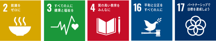 SDGsのアイコン　2飢餓をゼロに、3すべての人に健康と福祉を、4質の高い教育をみんなに、16平和と公正をすべての人に、17パートナーシップで目標を達成しよう