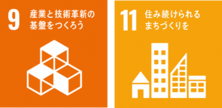 SDGsのアイコン　9産業と技術革新の基盤を作ろう、11住み続けられるまちづくりを