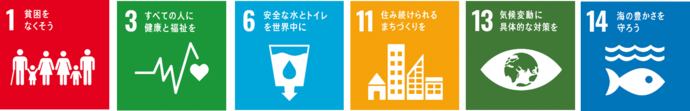 SDGsのアイコン　1貧困をなくそう、3すべての人に健康と福祉を、6安全な水とトイレを世界中に、11住み続けられるまちづくりを、13気候変動に具体的な対策を、14海の豊かさを守ろう