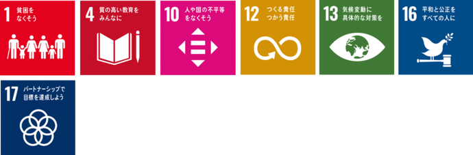 SDGsのアイコン　1貧困をなくそう、4質の高い教育をみんなに、10人や国の不平等をなくそう、12つくる責任、つかう責任、13気候変動に具体的な対策を、16平和と公正をすべての人に、17パートナーシップで目標を達成しよう