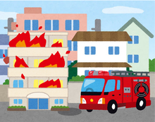消防車と火事の建物のイラスト