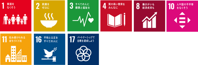 SDGsのアイコン　1貧困をなくそう、2飢餓をゼロに、3すべての人に健康と福祉を、4質の高い教育をみんなに、8働きがいも経済成長も、10人や国の不平等をなくそう、11住み続けられるまちづくりを、16平和と公正をすべての人に、17パートナーシップで目標を達成しよう