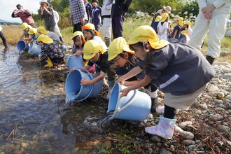 ウナギを放流する園児たちの写真
